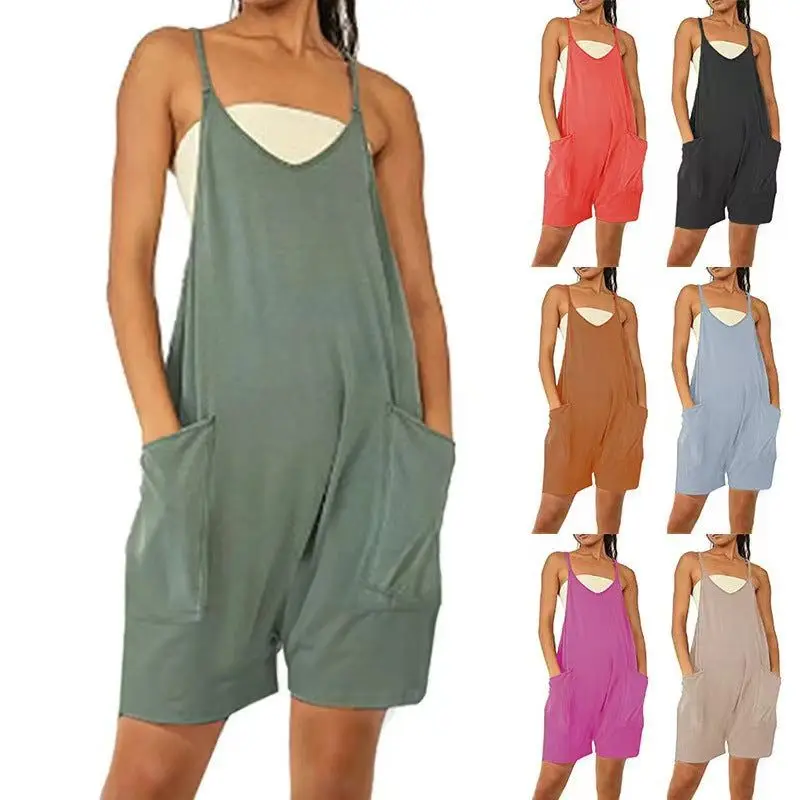 

5XL Plus Size Sleeveless Romper with Pockets Womens Summer Casual Loose Short Pants Spaghetti Strap Shorts Jumpsuit With Pockets