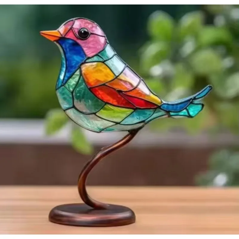 

Colorful Desk Decorations Acrylic Stained Glass Birds Ornaments Metal Bird Sculpture Ornament