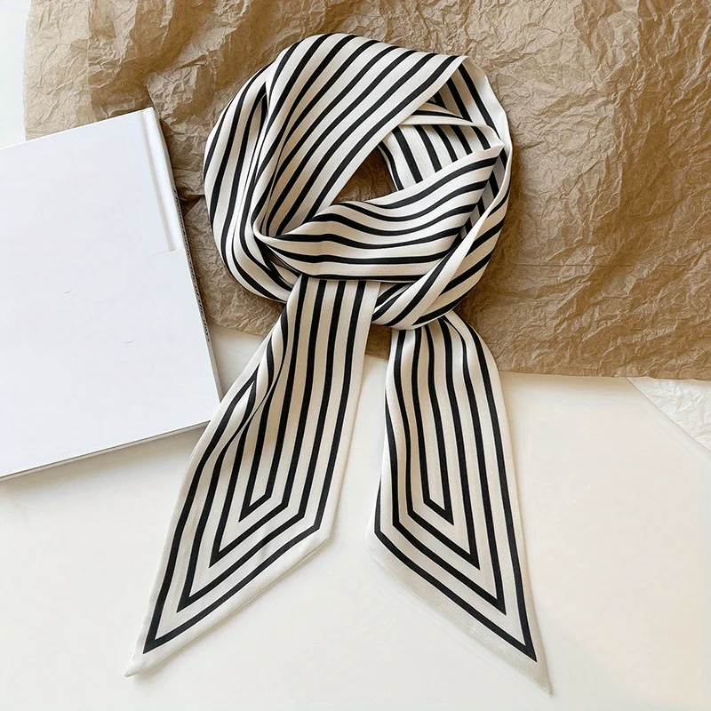 

Striped satin scarf，Minimalist Style，Long Narrow Versatile Fashion Accessory，Classic Decorative Neck Scarf，Send a bow tie，Handle