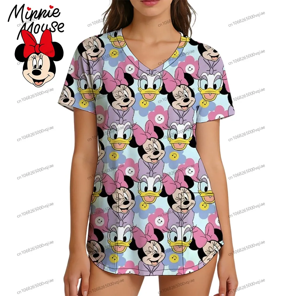 

2026 T Shirts Minnie Mouse T-shirts V Neck Woman Clothes Hospital Tops Disney Top Women Nurse Uniform T-shirt Pocket Summer Tees