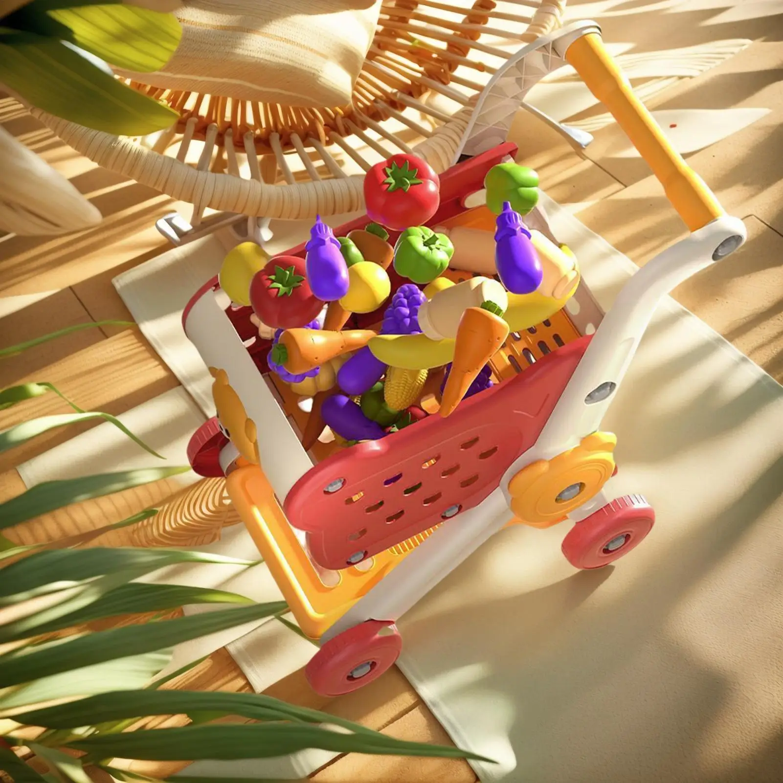 Kids Shopping Cart Pretend Play Toy Shopping Basket Set With Food Accessories Interactive Grocery Store Games for Toddler