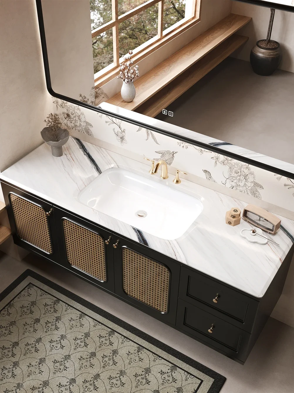 Retro rattan bathroom cabinet combination all solid wood bathroom washbasin rock slab hot bending integrated basin