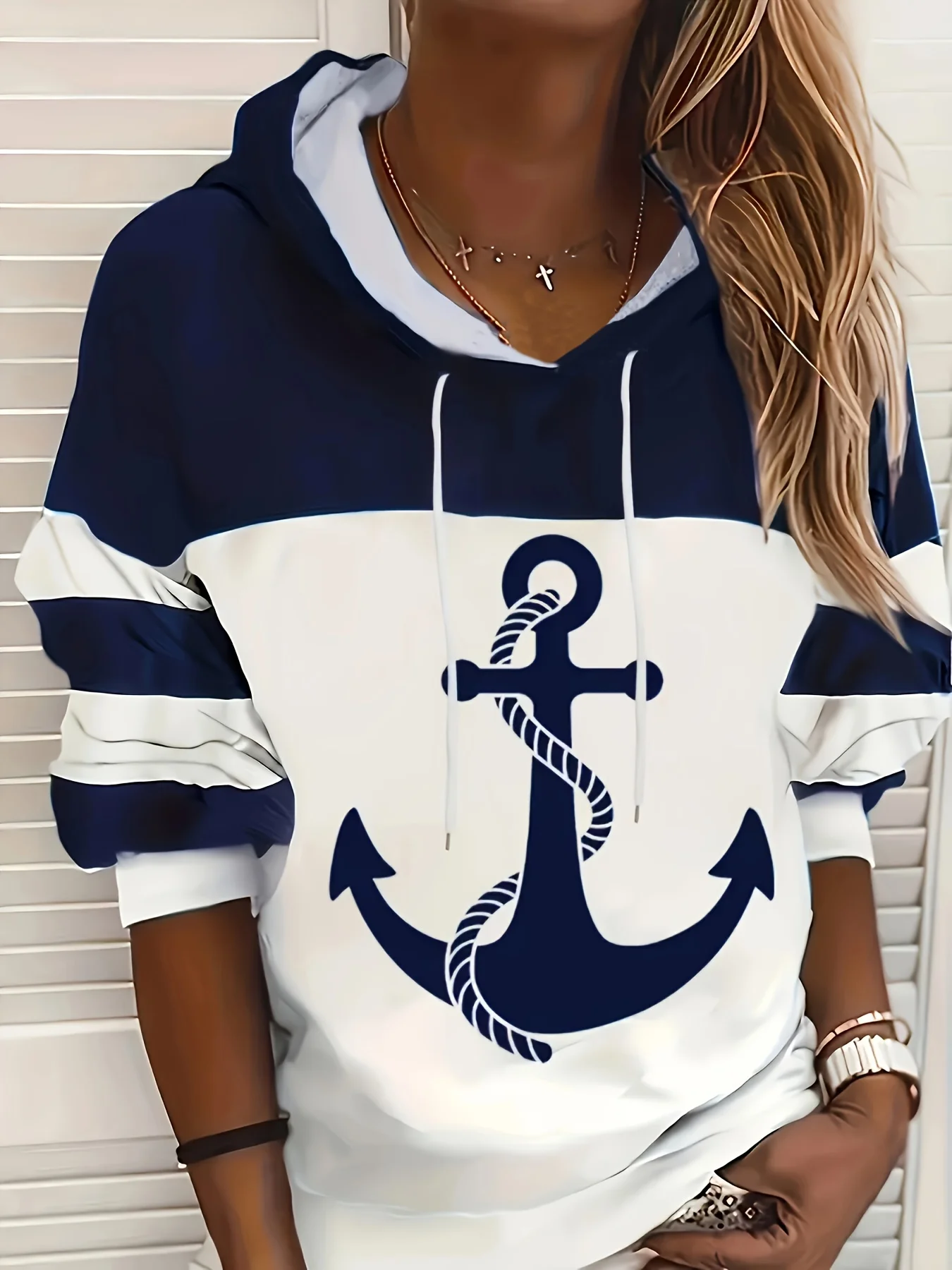 Women\'s Anchor Print Drawstring Hoodie-Relaxed Casual Style with Adjustable Hood & Long Sleeves - Premium Comfortable Sweatshirt