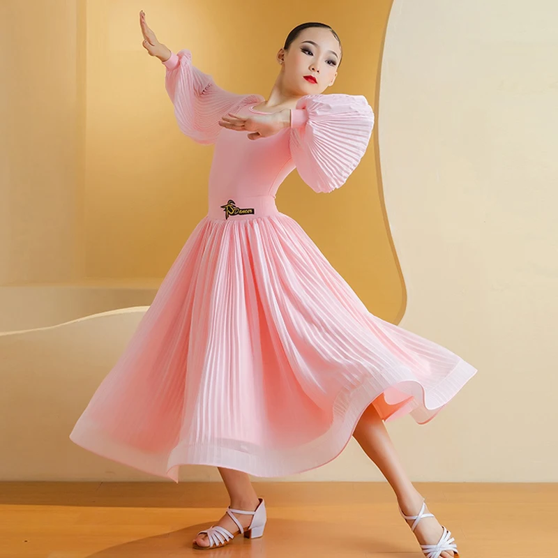 

Pink Ballroom Dance Dress Girls Standard Waltz Competition Clothes Kids Tango Modern Dancing Show Clothing Winter Dancewear 1865