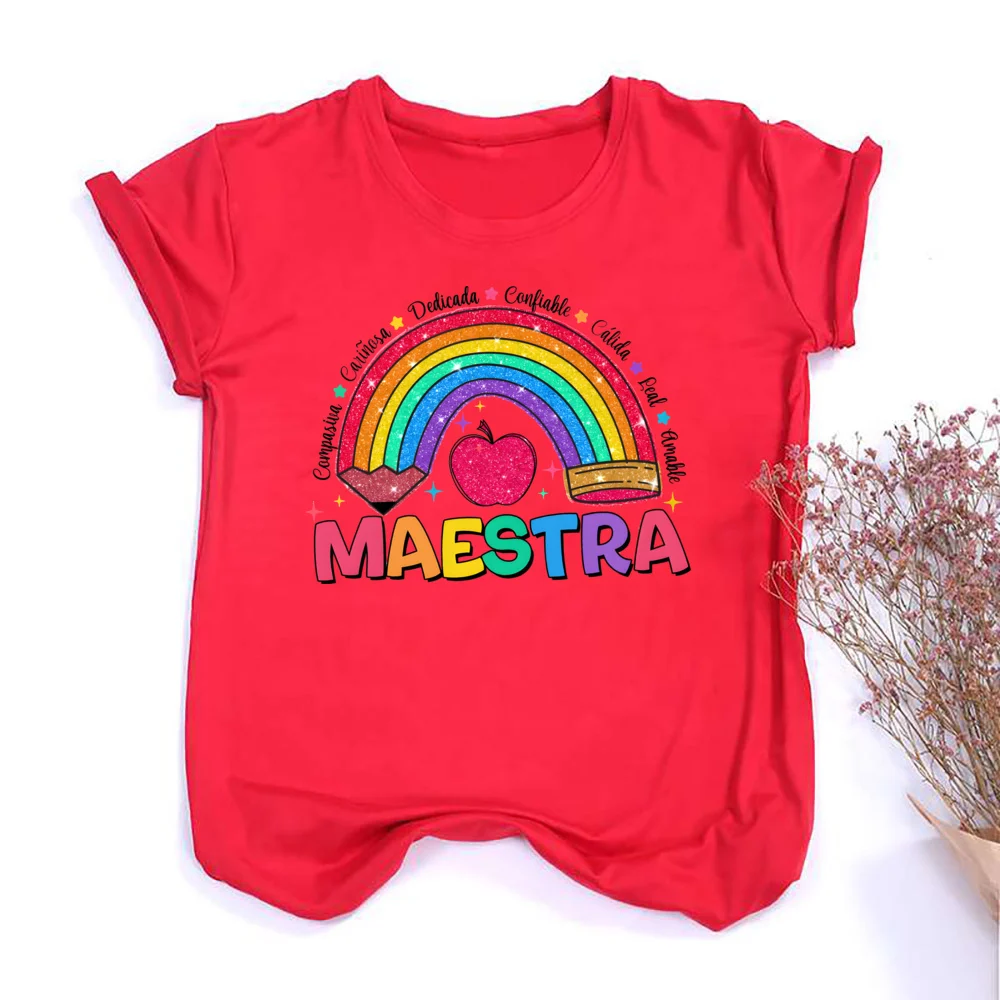 Camiseta com estampa MAESTRA e arco-íris feminina, blusa com gola redonda, manga curta, camiseta confortável, blusa casual, presente para professor, moda