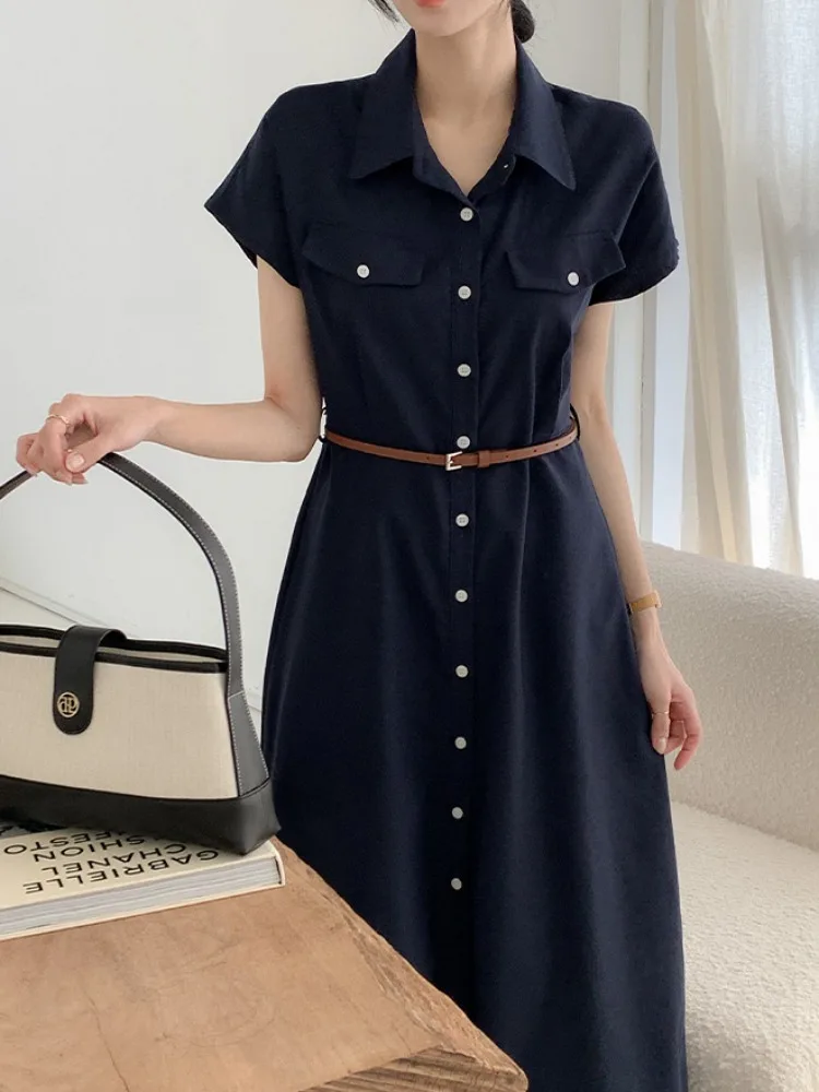 Summer New Pure Color Turn-down Collar Single Button Short Sleeve Dress Skirt Women with Belt Korean Style Spring Autumn Winter