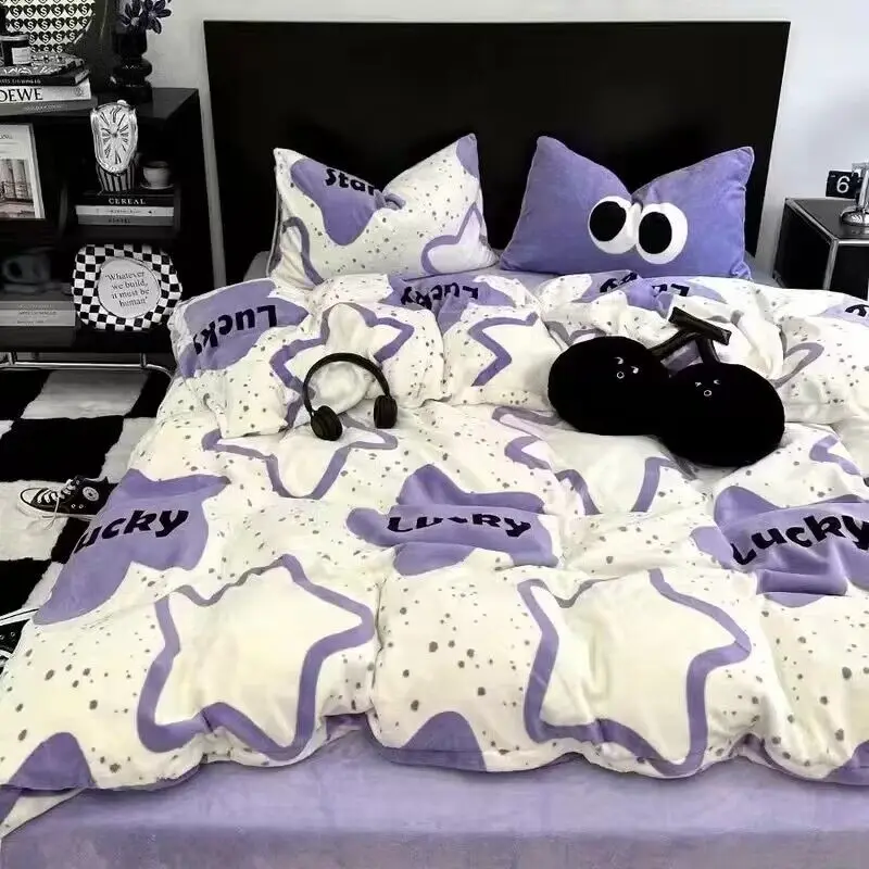 Korean y2k Bedding Set Bed Flat Sheet Pillowcase Duvet Cover Set Kids Adults Queen Full Twin Size Purple Pentagram Quilt Cover