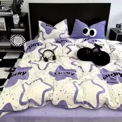 Korean y2k Bedding Set Bed Flat Sheet Pillowcase Duvet Cover Set Kids Adults Queen Full Twin Size Purple Pentagram Quilt Cover