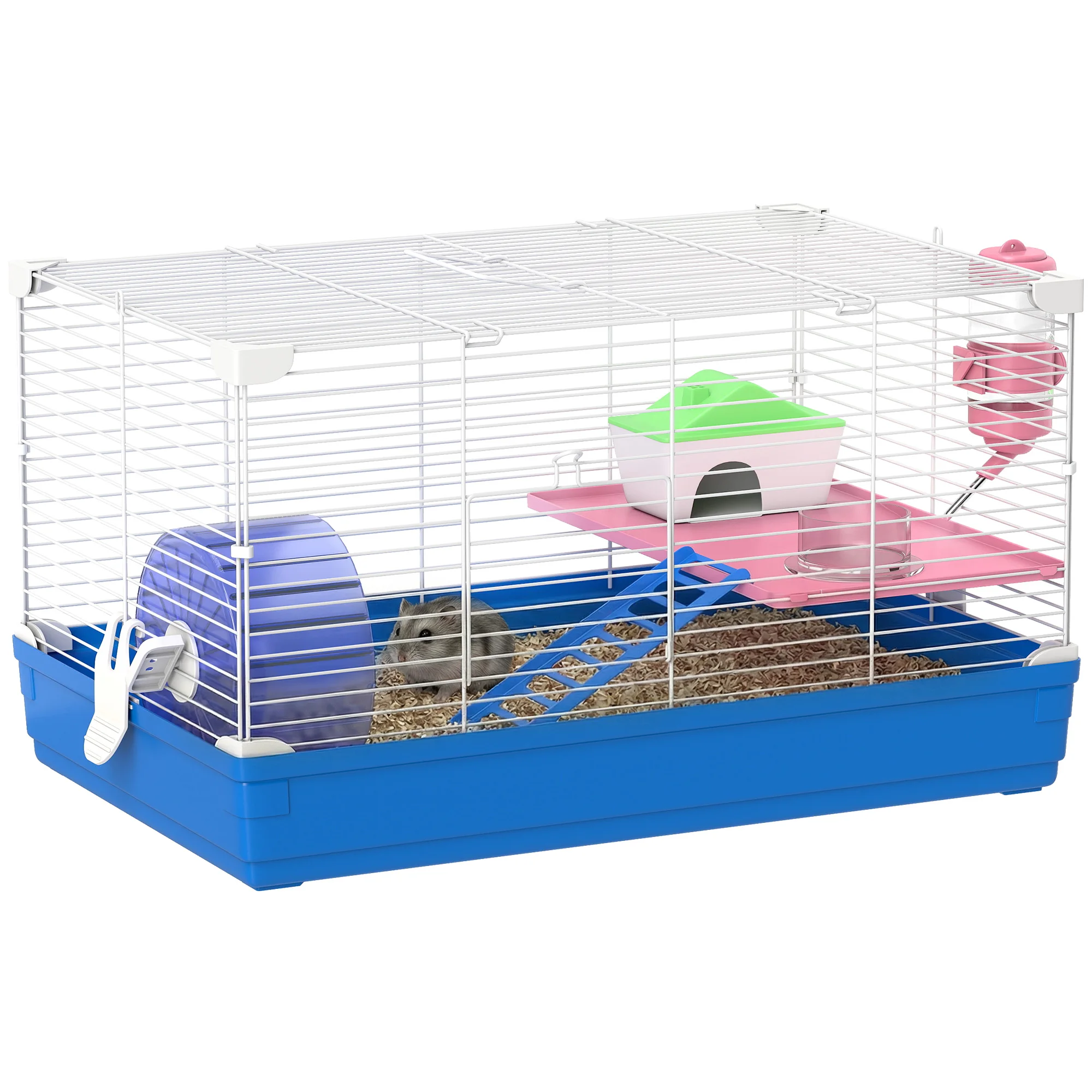 Pawhut Hamsterkooi Knaagdierenhuis met Loopwiel, Drinkbak, Huis, Hellingen voor Gerbils 47x30x27 cm