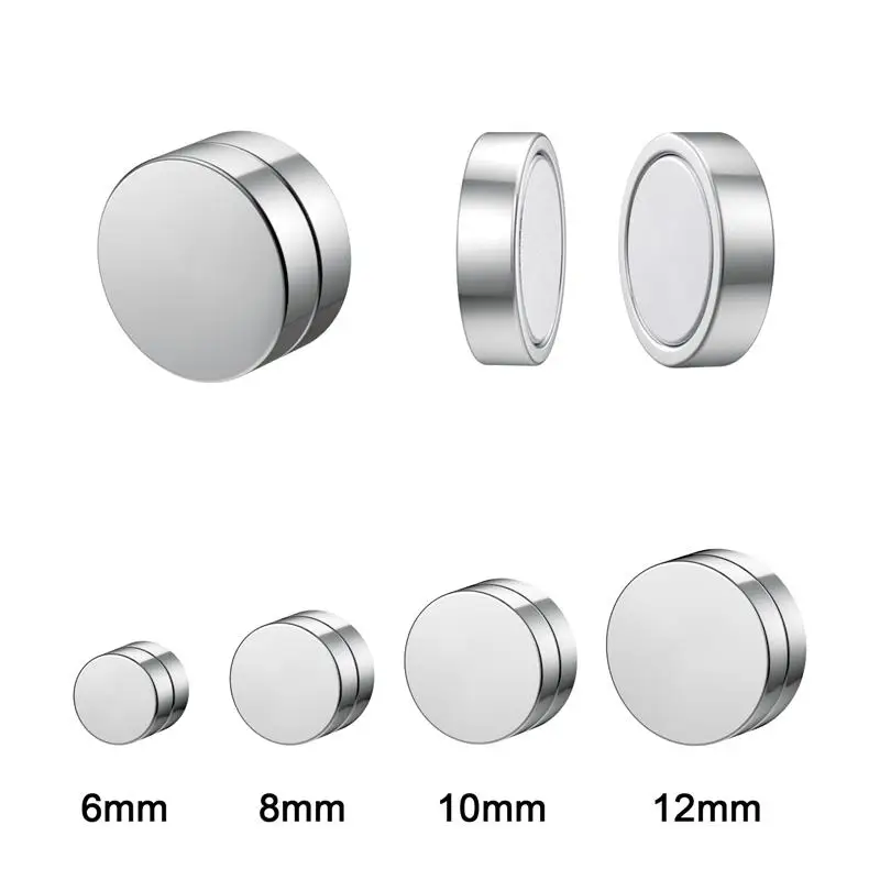 WKOUD 2pcs Round Circle Non Piercing Strong Magnet Magnetic Punk Mens Ear Clip Women Non Piercing Earrings 6/8/10/12mm