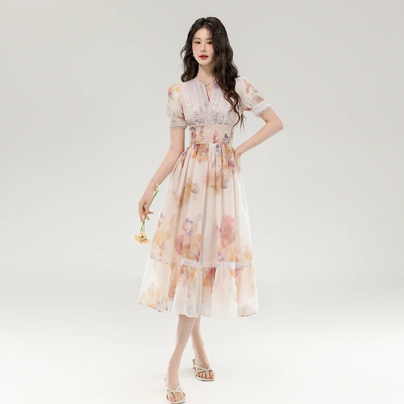 Gonna a trapezio in fibra di poliestere con stampa floreale rosa V-Ne Puffy Sve Dr Fairy Long Dr Summer Commute Sle Or Sve