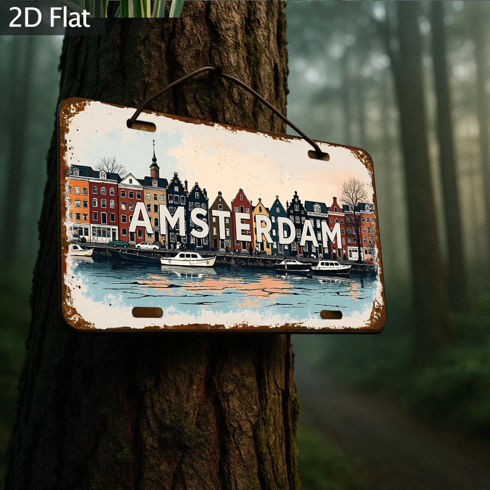 Vintage Amsterdam Canal & Historic Houses License Plate 2D Flat Aluminum Tin Sign Wall Art Decor for Garage Bar Man Cave and Car