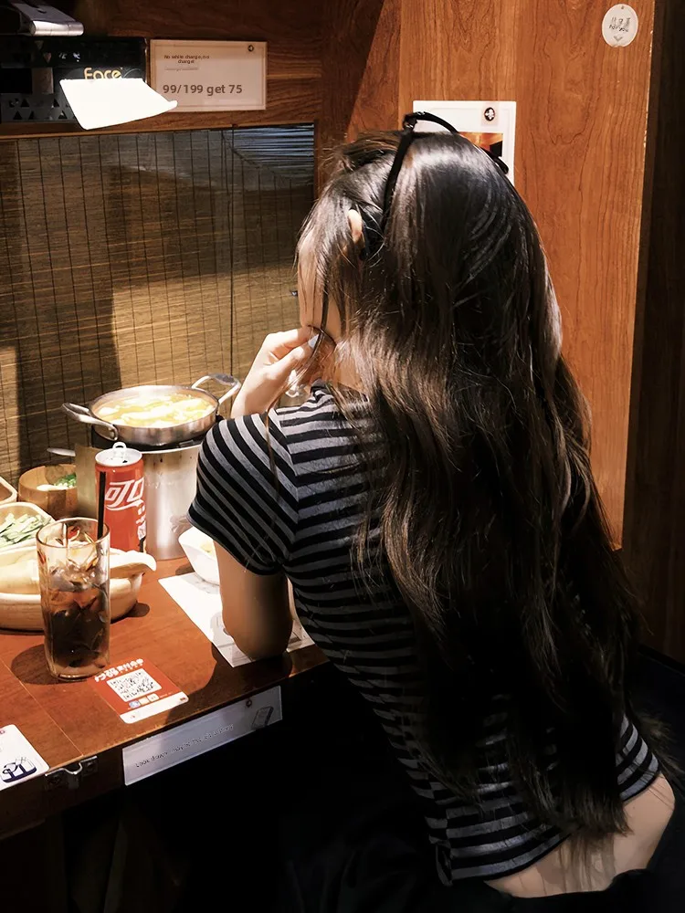 American Sle U-Ne Button Striped ort Sve T-shirt Donna Estate Colore Blo Giovane Retro Dimagrante Sexy ort Top