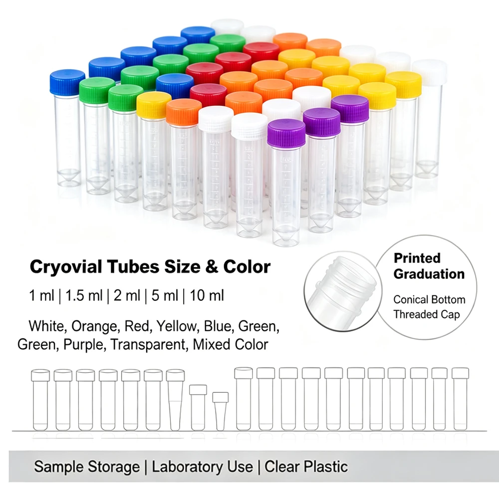 25-100 Pcs Test Tube Vial Sample Container Plastic Screw Cap Bottle 1-10ml Craft Powder School Office Chemistry Lab Supplies