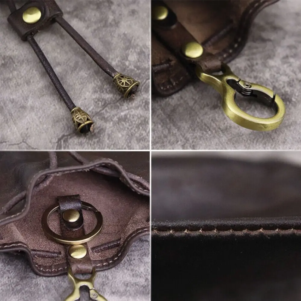 New Upper Leather Coin Purse Pouch Solid Color Retro Drawstring Wallets Waist Purse Women