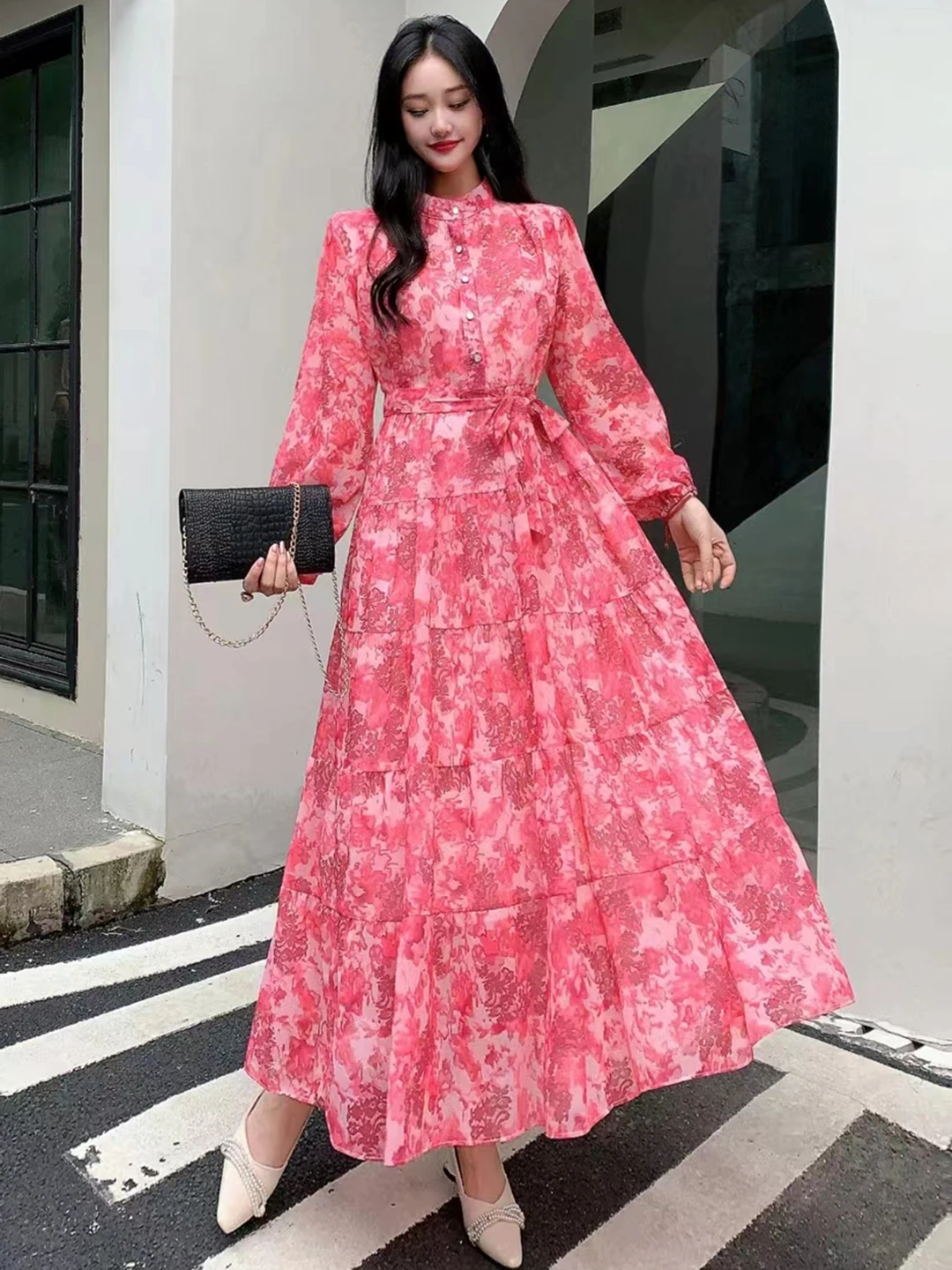 2024 New Spring Autumn Women Long Sleeve Bandage Slim Long Dress High Quality Fashion Floral Print Big Hem Chiffon Dress