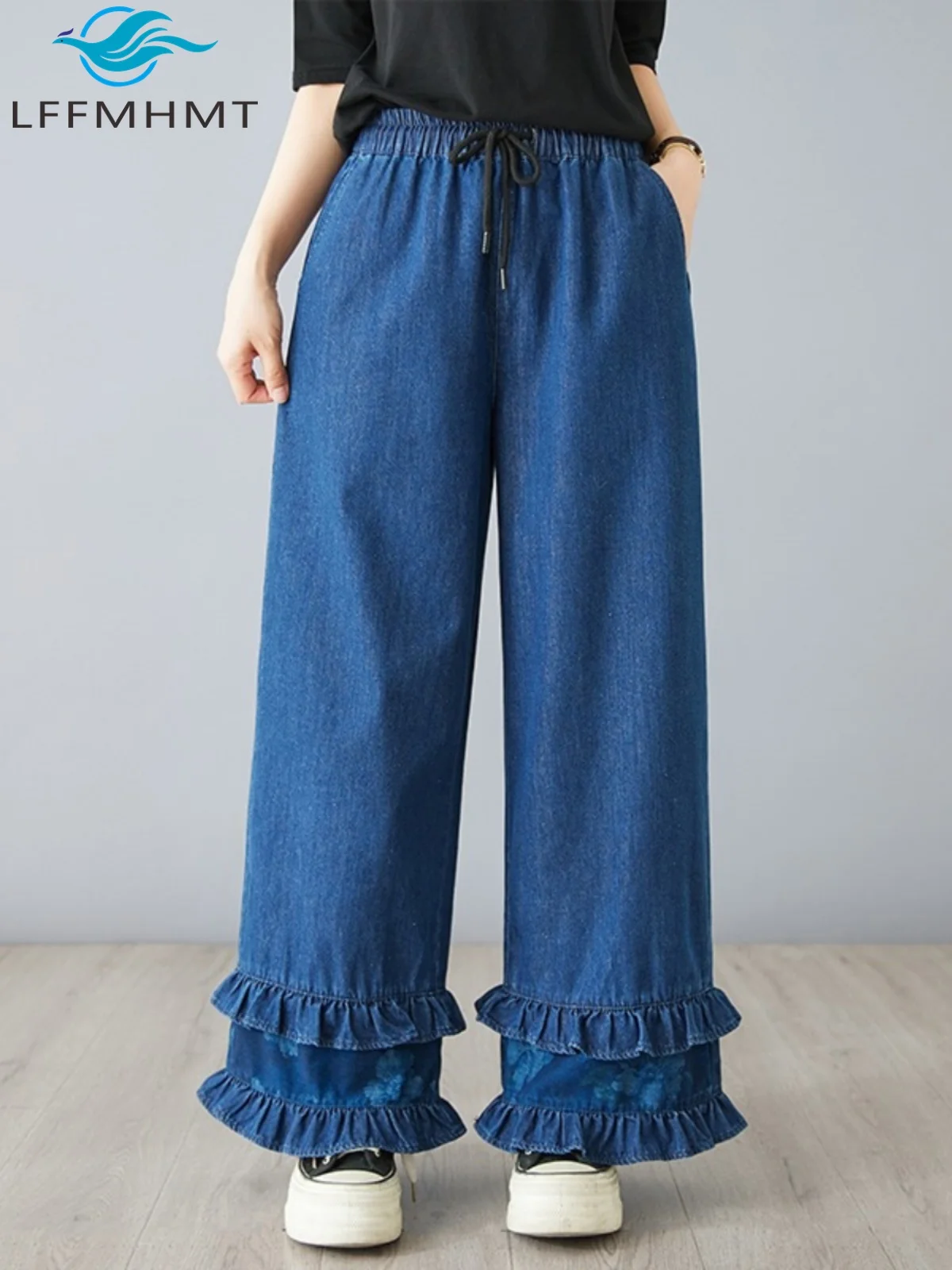 

Spring Fashion Women's Denim Pants Elastic Waist Waist Ruffle Patchwork Wide Leg Loose Casual Female Straight Simple Basic Jeans