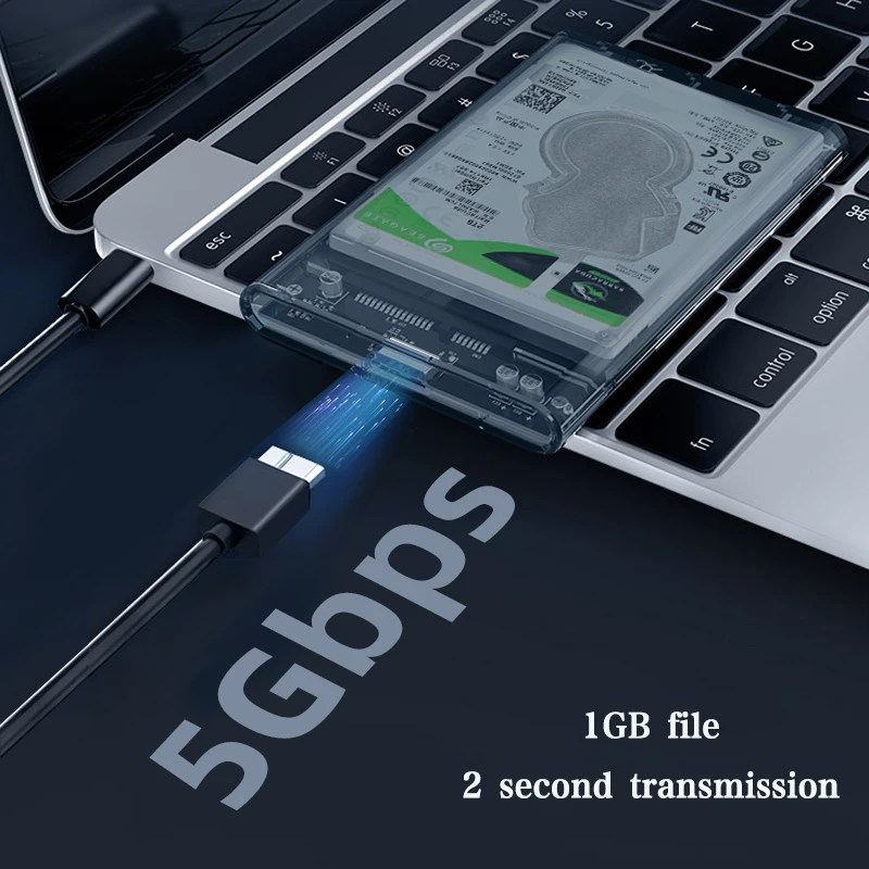 CoolFish USB 3.0Type C2.5inch m.2 SSD SATA External Hard Drive Case Transparent Blue Enclosure Tool-Free For Laptop Box