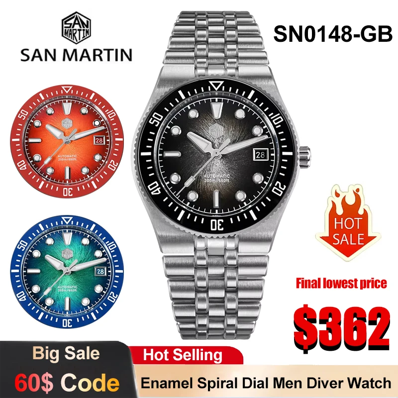 San Martin SN0148 Mechanical Watch Enamel Spiral Dial Integrated Bracelet Luxury Watch Miyota 9015 Movement 20Bar Diver Watch