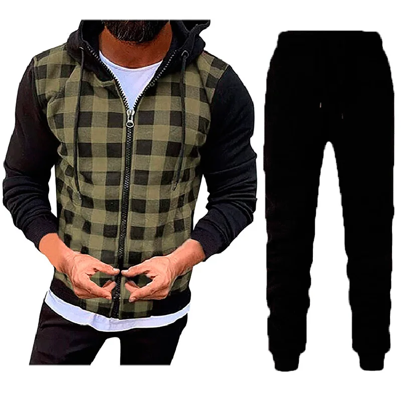 Two Pieces Set Men Clothing Lattice Patchwork Hooded Sweatshirt Men's Sportswear Autumn Mens Hoodies Jacket + Pants Sets MY335