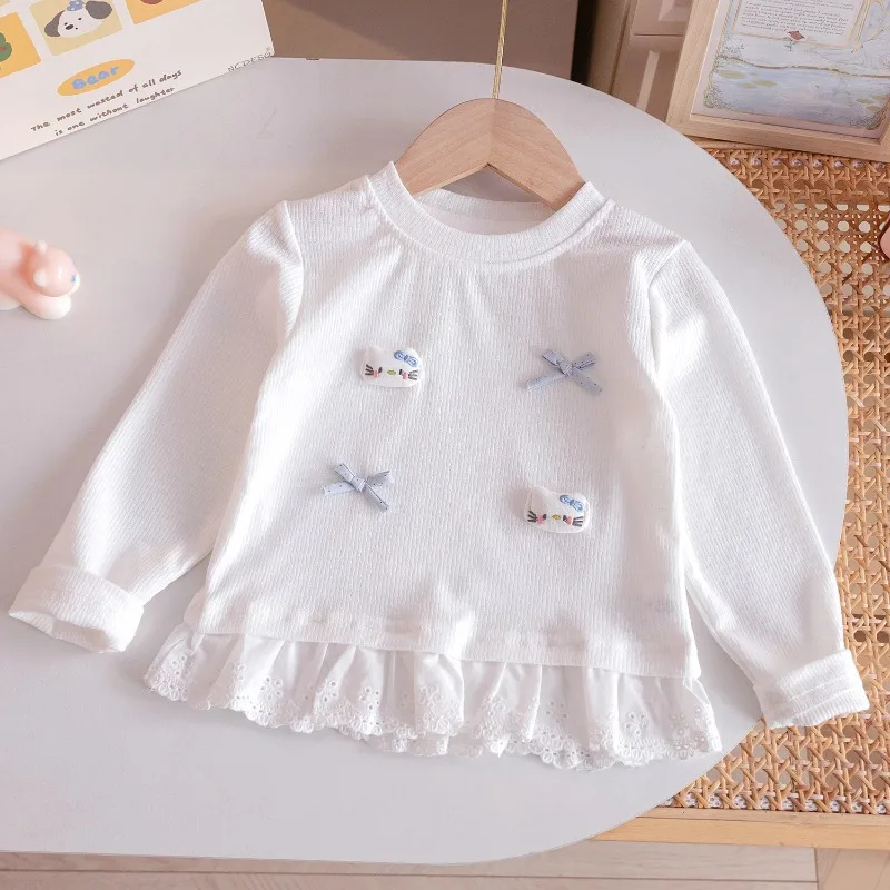 Girls Long-sleeved T-shirt Spring Autumn 2026 Children Bottom Lace Splicing Tops for Kids Toddler Blouse Baby Outfits Clothing
