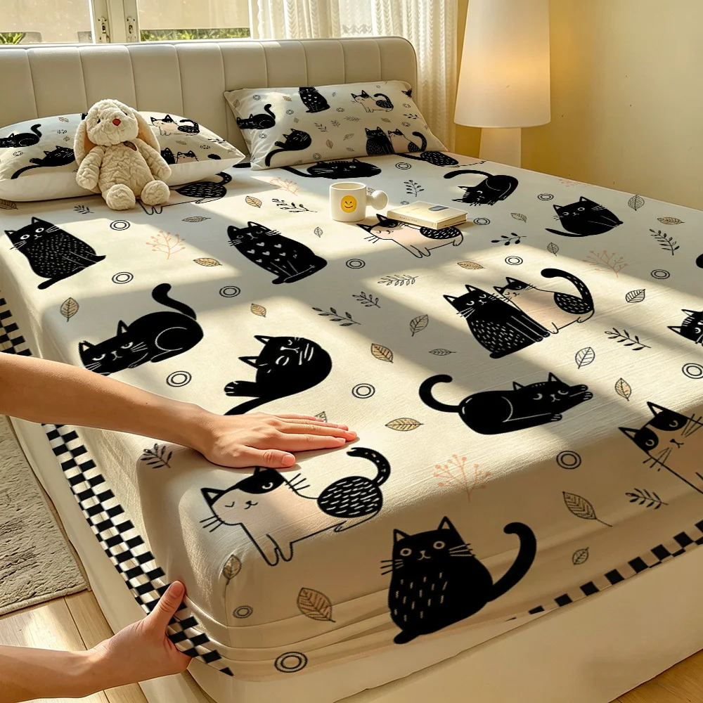 Cute Black Cat Fitted Sheet 3PCS Set Cartoon Cat Pattern Bedding Set 1 Fitted Sheet + 2 Pillowcases for Kids Bedroom view 6