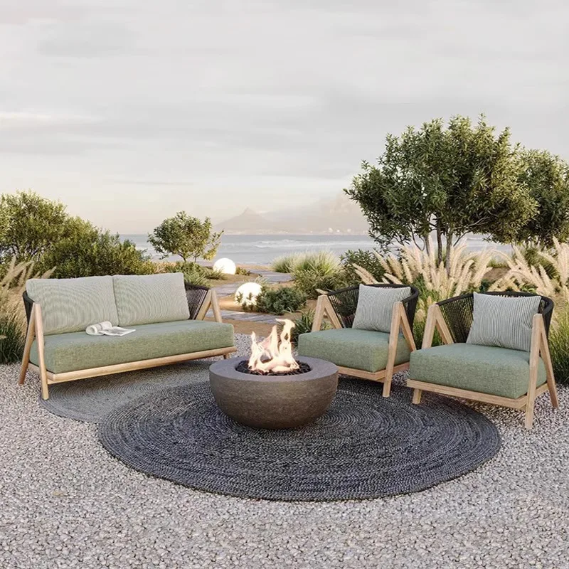 Outdoor teak sofa courtyard open-air villa garden rattan antiseptic coffee table combination outdoor leisure solid wood
