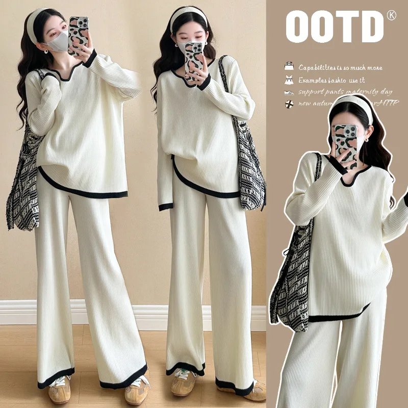 

Spring Autumn Maternity Set Fashionable Color Block Knit Top With Lounge Pants Trendy Loose Fit Two Piece Pregnancy Outfit