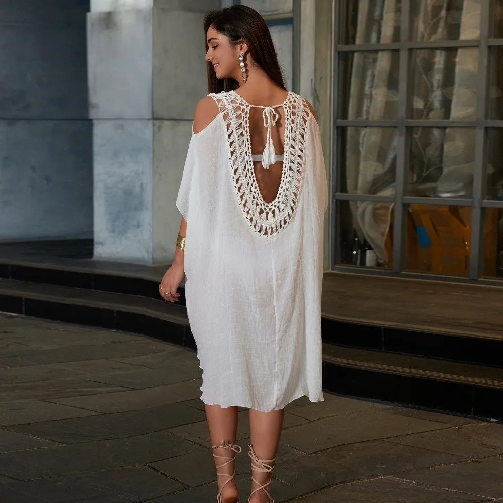 Fashion V Neck Swimsuit Cover Up Dress Hollow Out Backless Beachwear Shirt Vacation Casual Summer Sunscreen Smock for Women