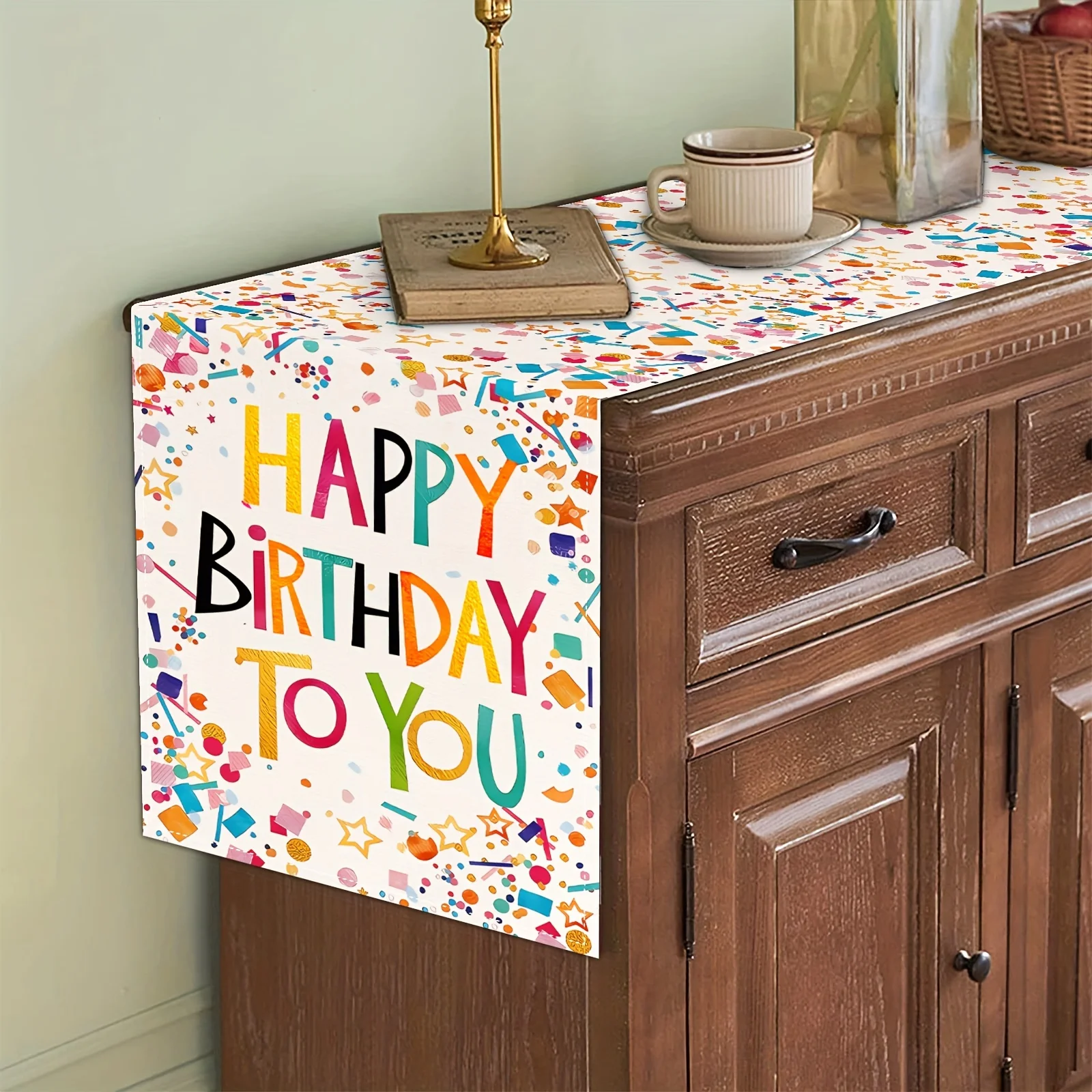 Happy Brithday To You Linen Table Runners Dot Streamers Pentagram English Letter Printed Table Runner Home Brithday Party Decor