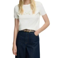 Camiseta de Verano de Manga Corta para Mujer, Cuello Redondo, Diseño con Cuentas, Color Sólido, a la Moda