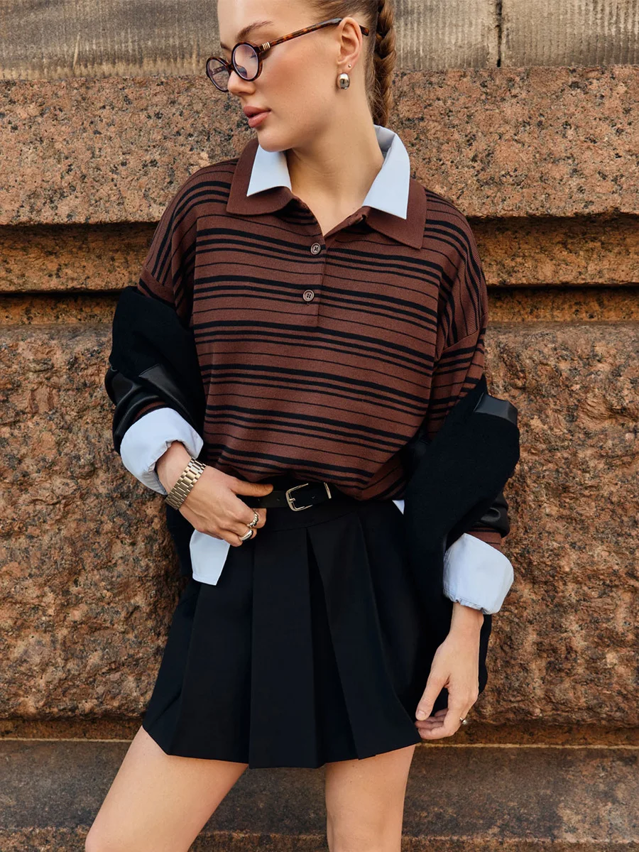 Camiseta Polo holgada de punto a rayas para mujer, camiseta de manga larga a la moda de otoño, Jersey inferior de estilo inglés Vintage, Top para mujer