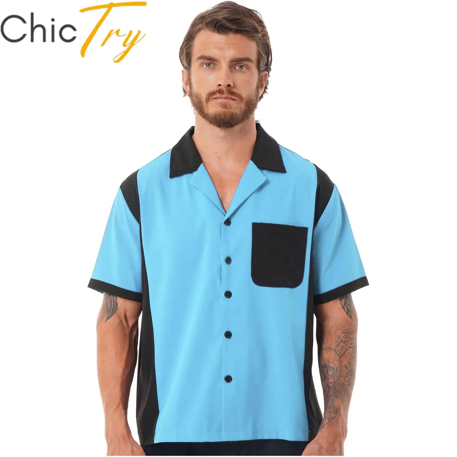 

Mens Retro Bowling Shirts Fashion Color Block Short Sleeve Tops Male Vintage Casual 50s Notched Collar Button Shirt with Pocket