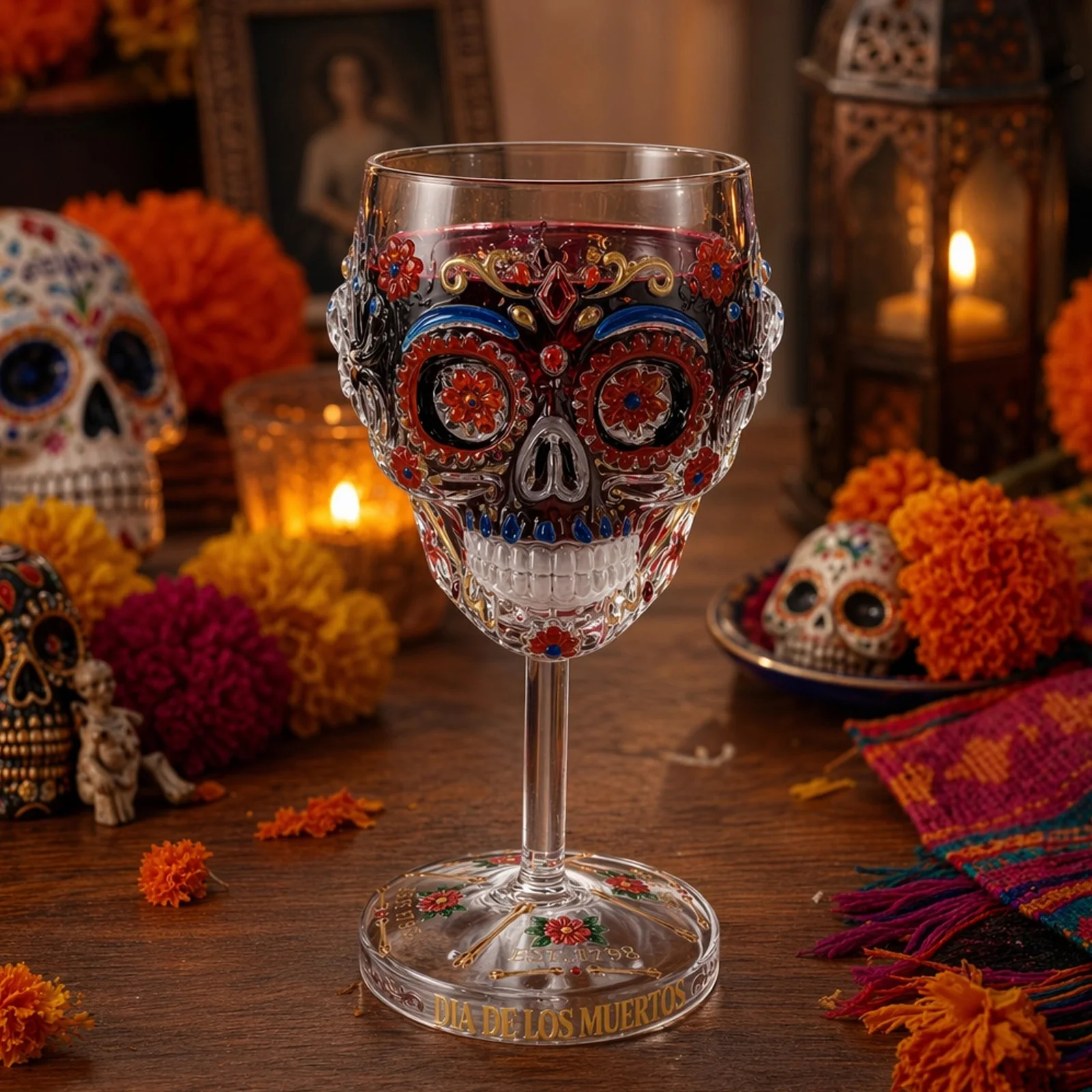 Skeleton Floral Art Glass Chalice Non-Fading for Colorful Floral Skeletons Novelty Drinkware for Bar Home Celebration Decoration