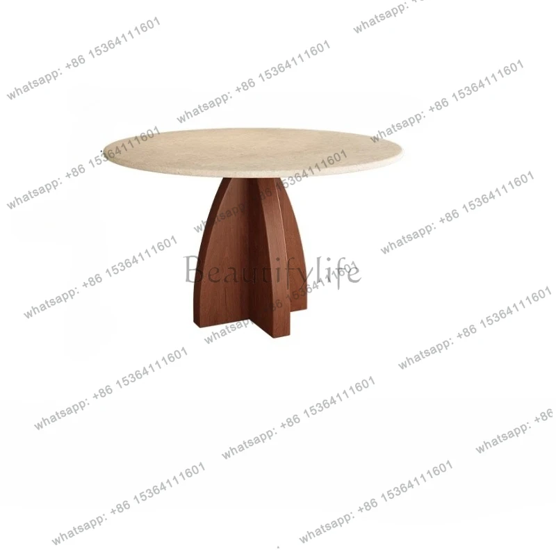 

Nordic retro natural travertine solid wood dining table walnut round home designer