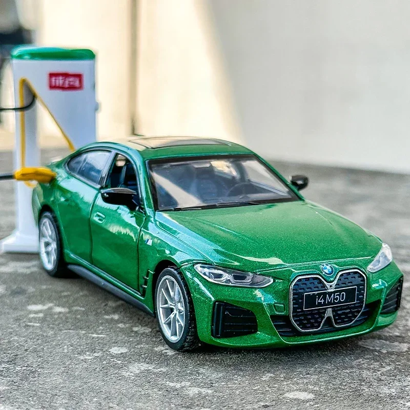 

1:34 BMW I4 M50 Supercar With Charging Pile Alloy Car Model Diecast Metal Toy Simulation Sound and Light Kids Collectibles Gifts