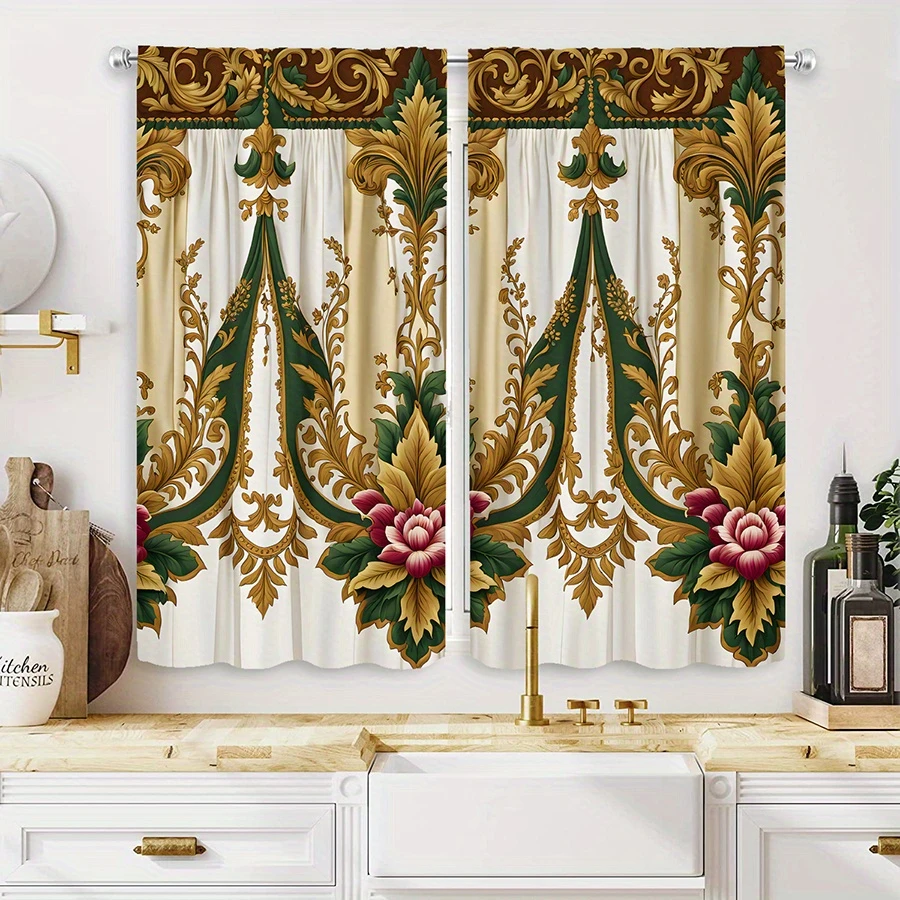 2 Stück mehrfarbige Vorhänge mit barockem Blumenmuster und Schlaufenmuster, Stangendurchzug-Design für Schlafzimmer und Wohnzimmer