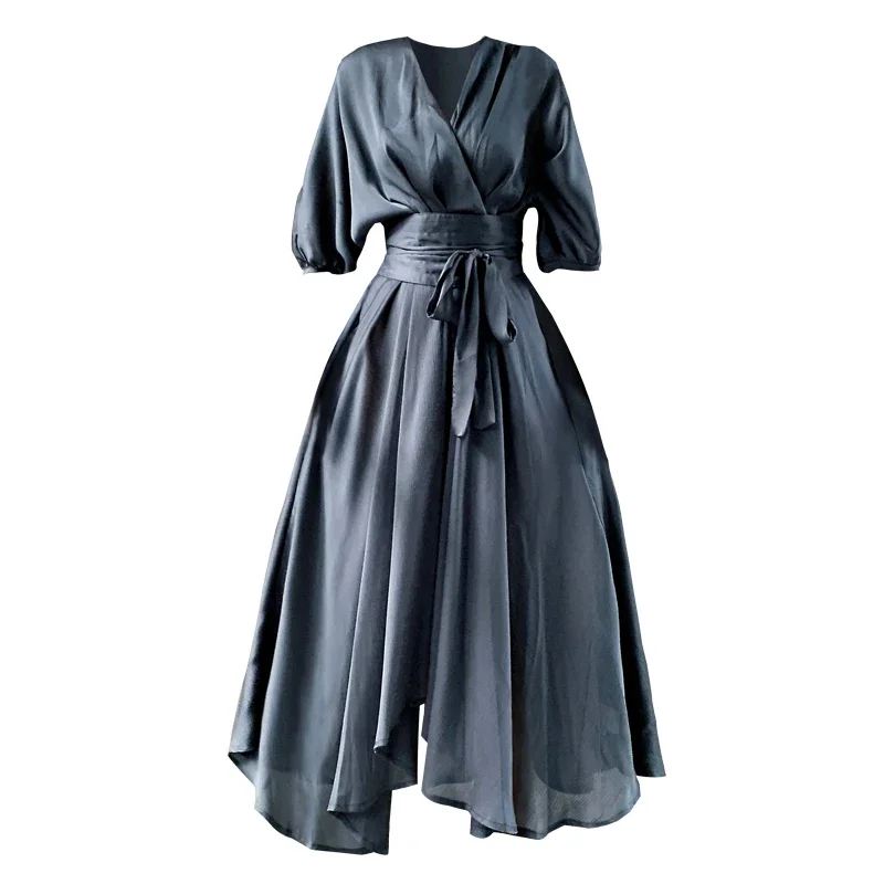 Elegant Summer Dress Satin Smoke Grey Surplice Wrap Knot Half Sleeve High Waist Party Dresses Women Clothes 2024 Autumn