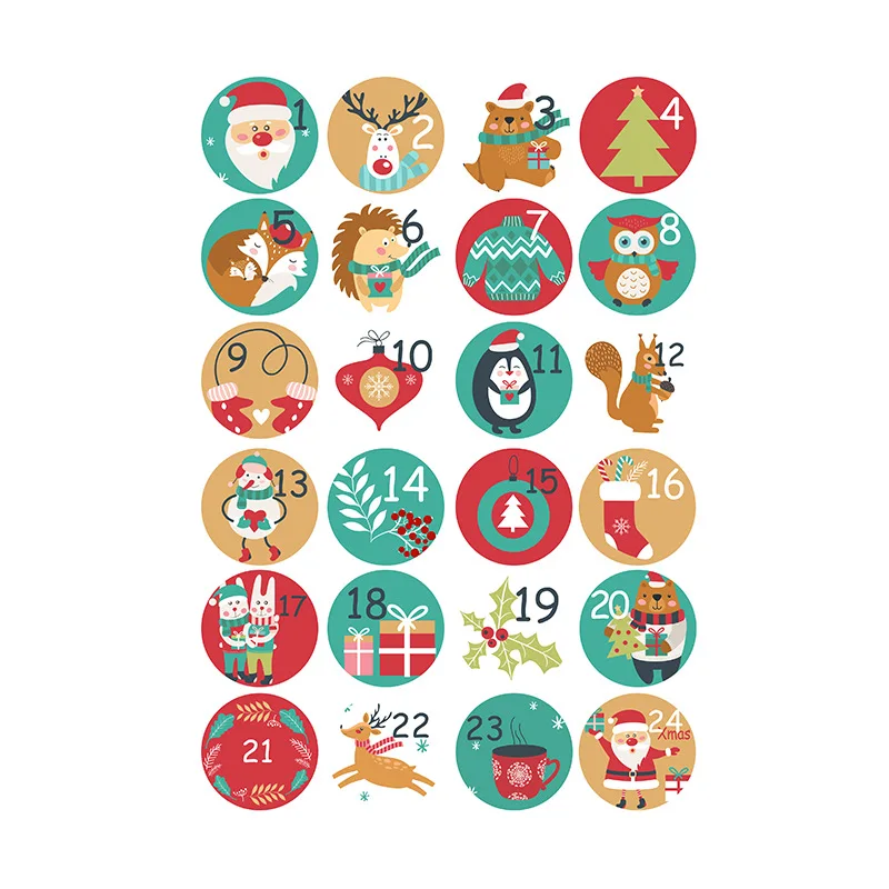 24PC Happy Christmas Day Gift Stickers Advent Calendar Number Paper Stickers Multi-Function Gift Packaging Adhesive Labels Decor