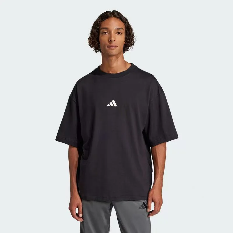 Adidas Short-Sleeved T-Shirt for Men, Soft, Comfortable, Versatile, Simple, Pure Cotton, Loose, Breathable, Regular Round Neck, Summer, Black Jc5338