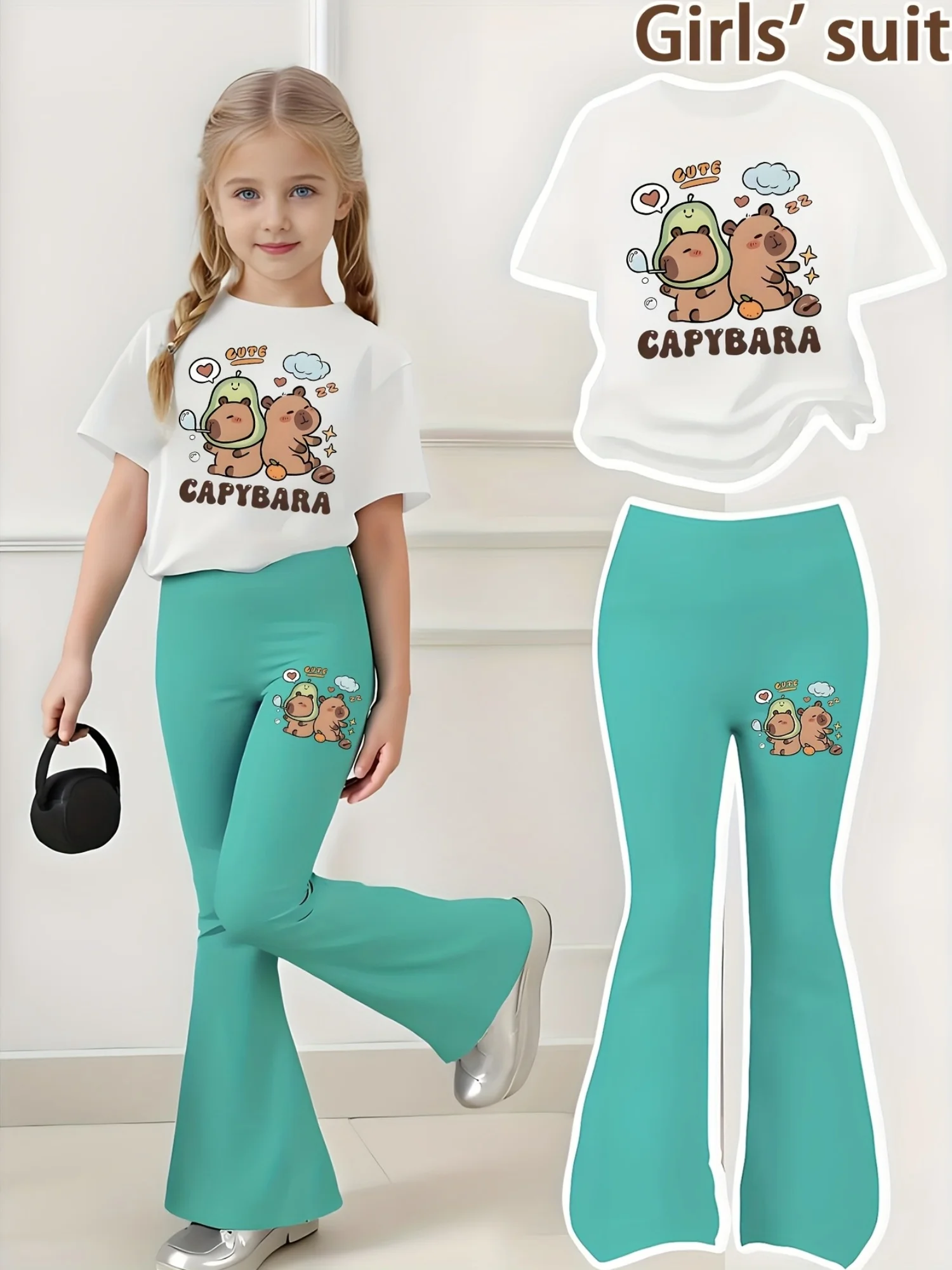 Sommer-Freizeitoutfit für Mädchen: Kurzarm-T-Shirt + Schlaghose, zweiteiliges Set mit lustigem Capybara-Print, erhältlich in Grün und Pink, geeignet für Mädchen im Alter von 4-12 Jahren, vielseitige