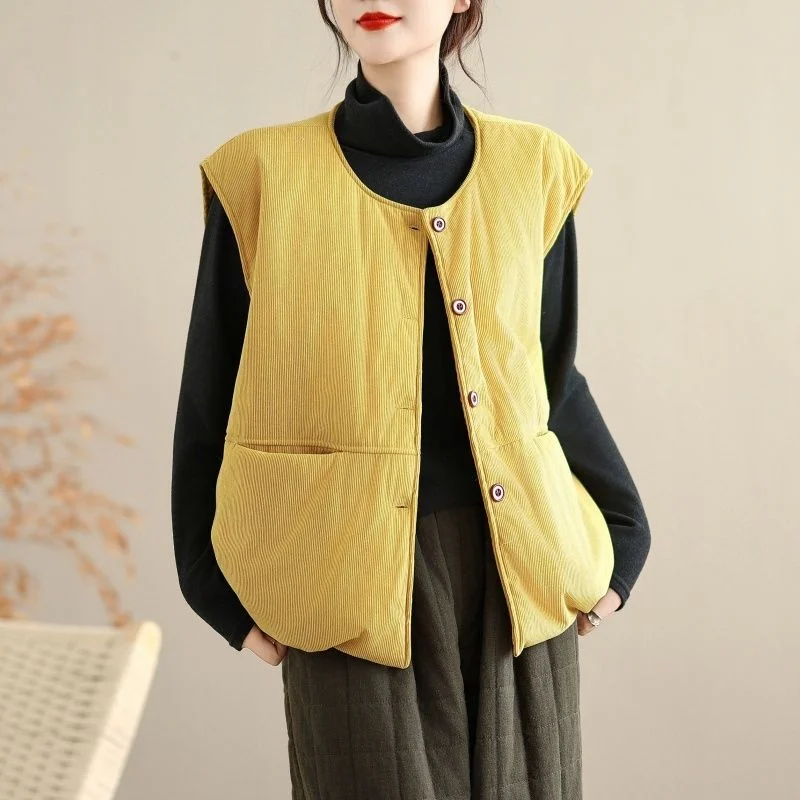 Chaleco de pana amarillo Retro japonés, Chaqueta de algodón para mujer, chaleco holgado sin mangas para primavera y otoño, Top corto w1472