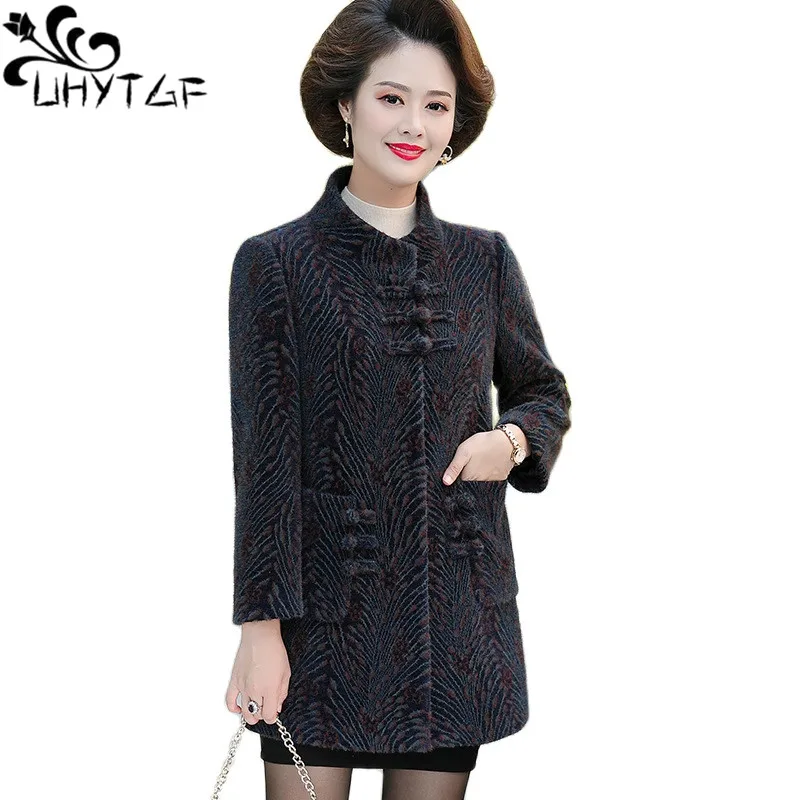 

UHYTGF Quality Mink Wool Coat Women Noble Mom Autumn Winter Jacket Female Mid-Length Vintage Button Woolen Outerwear Ladies 2187