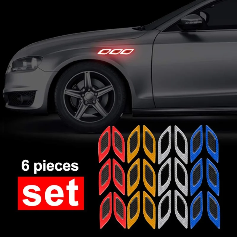 6Pcs/Set Car Reflective Carbon Fiber Bumper Strips Safety Warning Tape Safety Warning Sticker Auto Moto Exterior Accessories