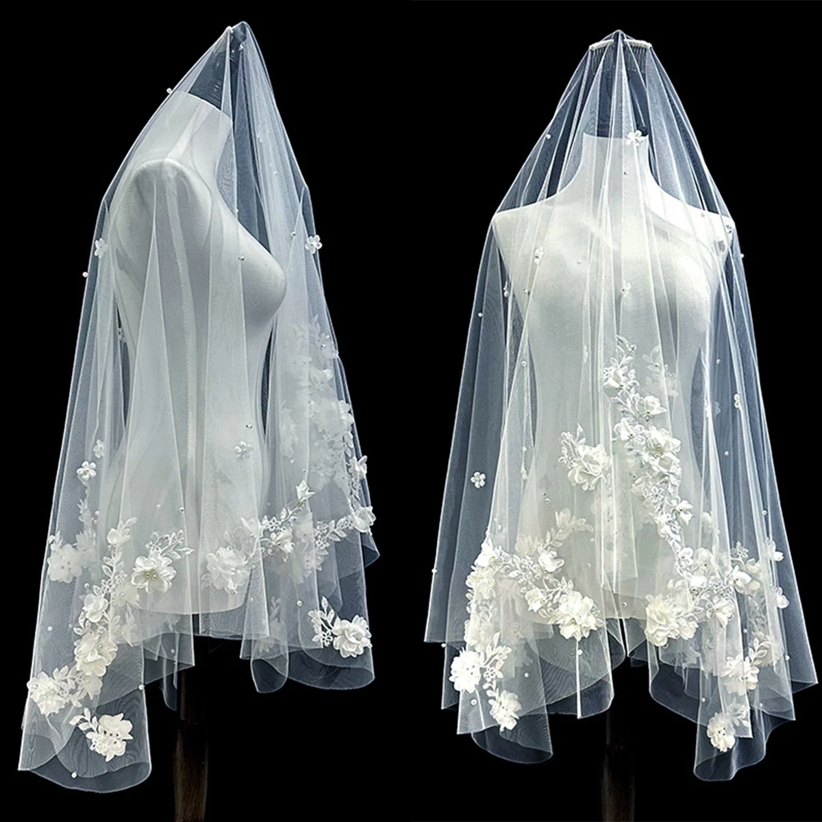 

Bridal Veil Lace Edge Women's Short Veil With Comb 3D Flowers Bridal Veil For The Church Veu