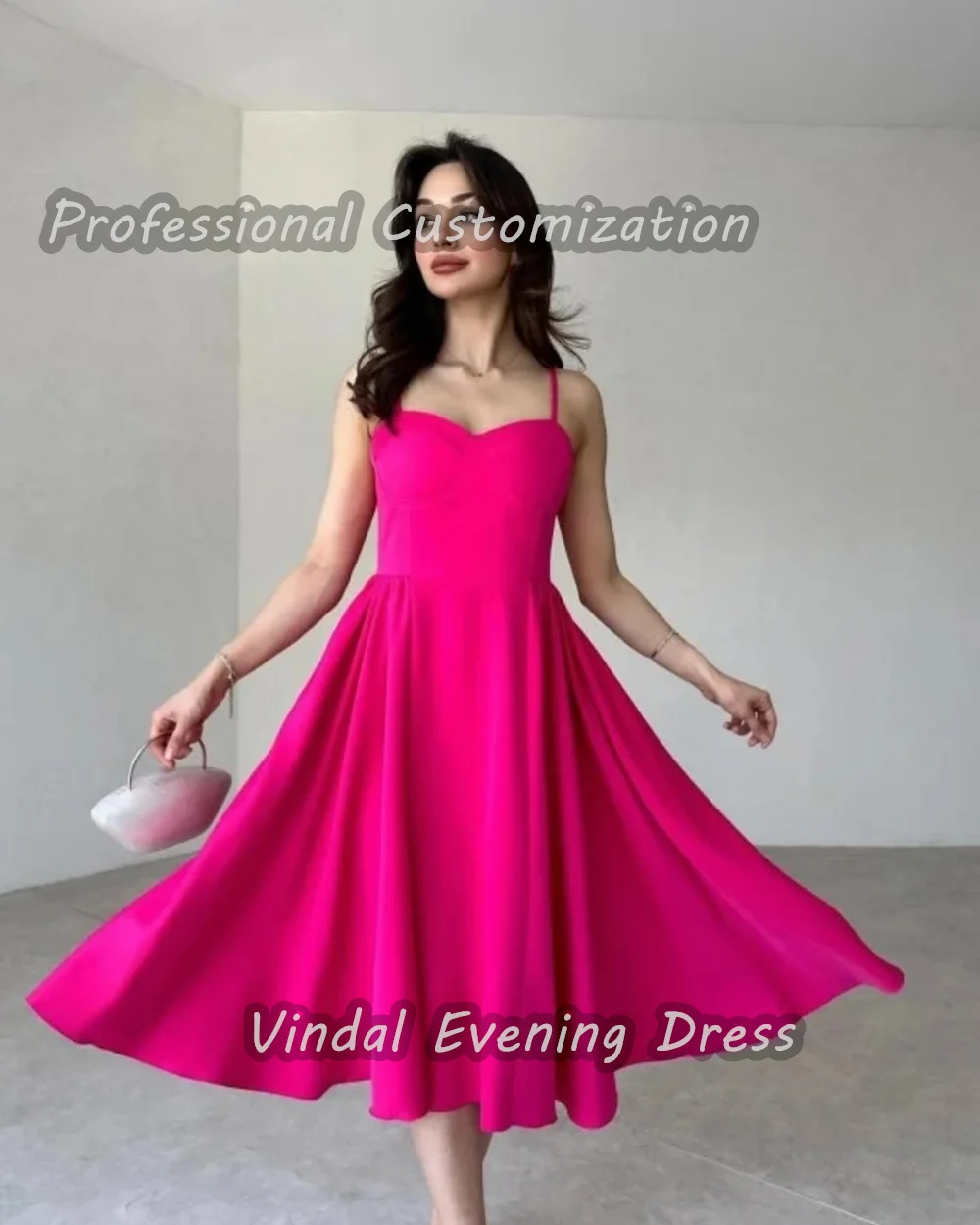 Vindal Sweetheart Tea Length Party Ruffle Sexy A-Line luxurious Breast padding Satin Elegant Sleeveless  السعود For Woman 2024