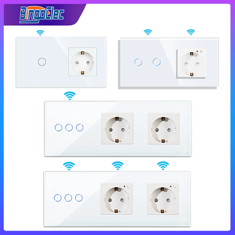 Bingoelec wi fi inteligente interruptor de toque com soquete cristal branco painel vidro sensor interruptores com tuya soquete para casa inteligente