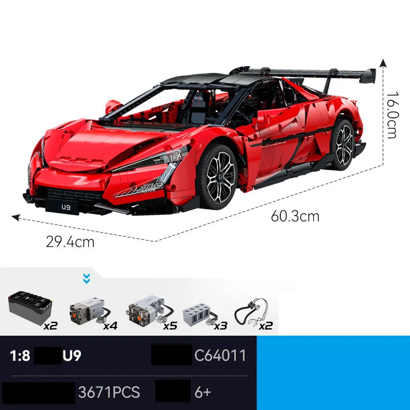 Escala técnica 1:8 China EV Sport Car Modelo Yangwang U9 Bloco de construção Rc Brick Supercar 2.4ghz Brinquedo de veículo de controle remoto