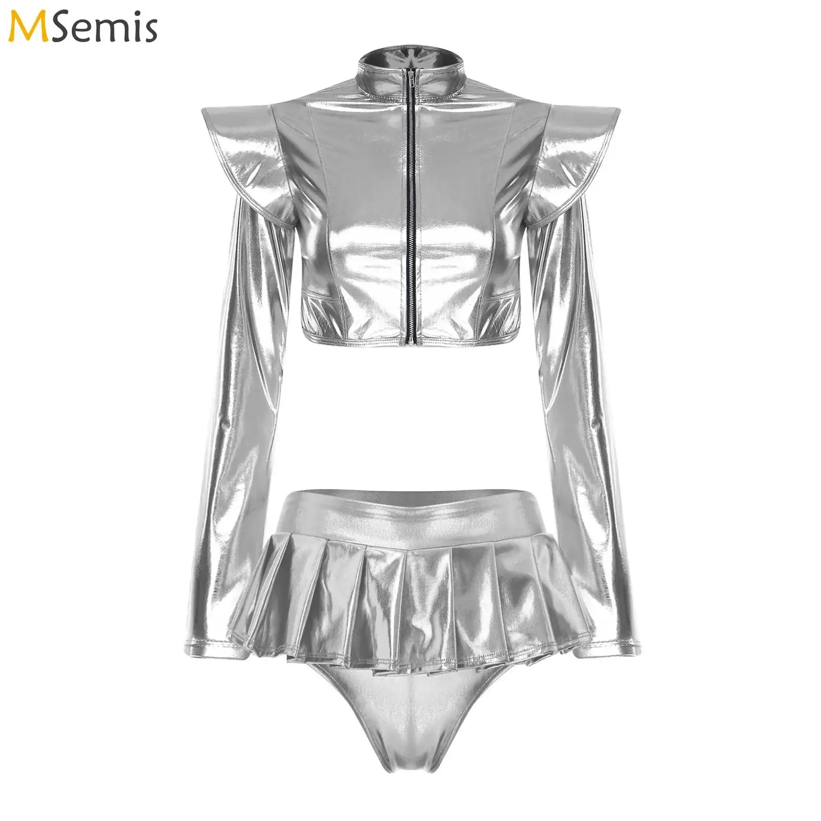 

Женская переливающаяся металлическая одежда для рейв-вечеринок для танцев на пилоне, клубная одежда с длинными рукавами, укороченная куртка и плиссированная мини-юбка-кюлоты