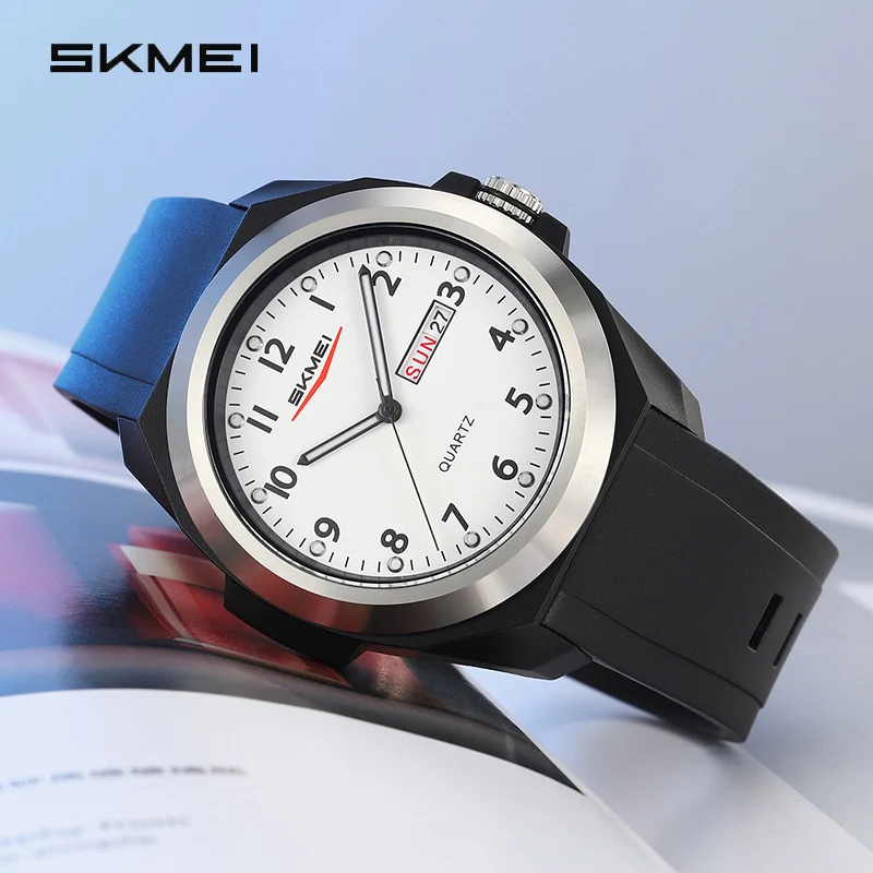 skmei-ヤング-﻿-スタイリッシュなメンズクォーツ腕時計、ブラックシリコンバンド、ホワイトダイヤル、日付と曜日機能、カジュアルスタイルウォッチ-2472